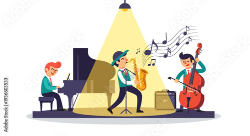 Musicians performing on stage with piano, saxophone, and cello in a spotlight