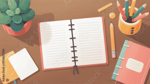 Colorful desk workspace with open notebook stationery plant and books perfect for planning and creativity