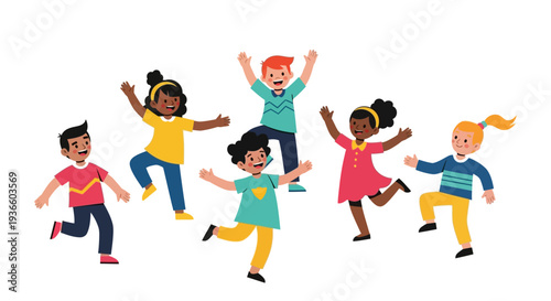 Children playing together in a joyful scene, running and jumping with excitement and happiness, vector illustration of diverse kids