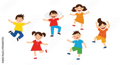 Children playing together in a joyful scene, jumping and having fun outdoors.