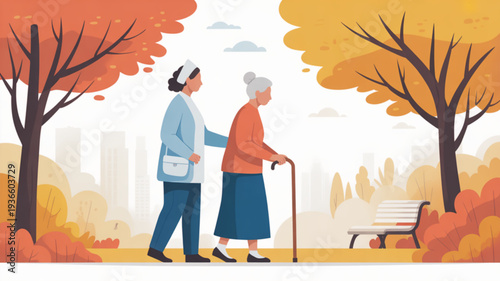 Elderly woman walking with caregiver in autumn park with trees and bench