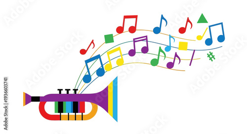 Vibrant illustration of a trumpet emitting colorful musical notes in a dynamic, swirling pattern, showcasing creativity and joy