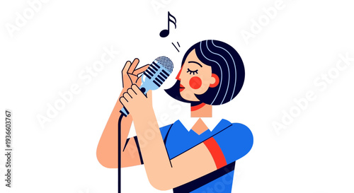 Woman singing into microphone with musical notes surrounding her in a joyful performance