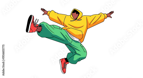 Dynamic Illustration of Person Jumping in Vibrant Clothing Captured from a Front Viewpoint