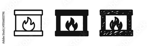 Fireplace icon set with outline, glyph, and hand-drawn doodle styles for home heating