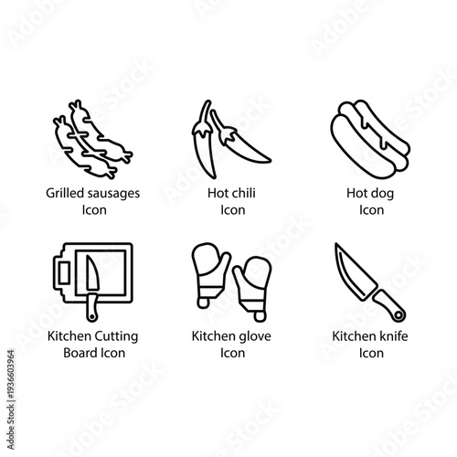 Grilled sausages, Hot chili, Hot dog, Kitchen Cutting Board, Kitchen glove, Kitchen knife, icon