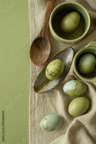 Decorative green eggs arranged on fabric with wooden spoon and ceramic bowls for Easter celebration