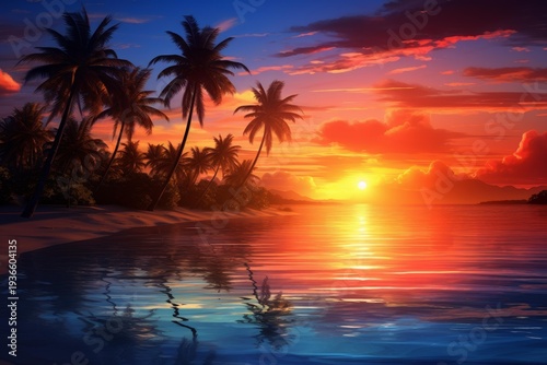 Tropical island beach with palm trees silhouettes reflecting a stunning sunset sky over calm ocean water