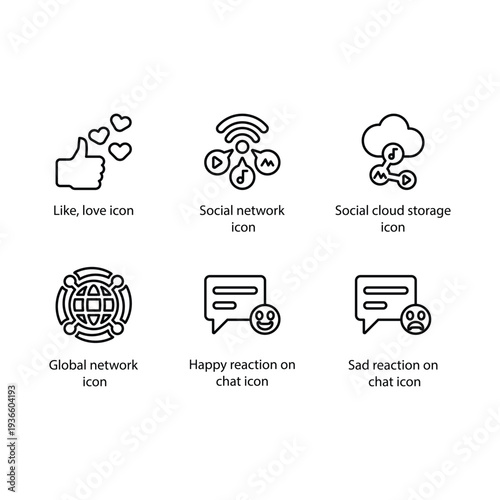Like love, Social network, Social cloud storage, Global network, Happy reaction, Sad reaction, icon
