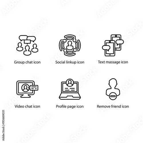 Group chat, Social linkup, Text massage, Video chat, Profile page, Remove friend, icon