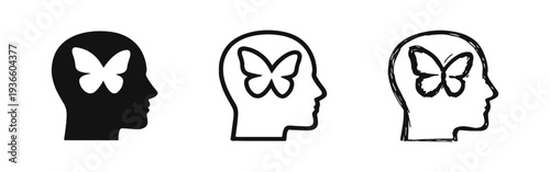 Head with butterfly icon symbolizing transformation, growth, change, or freedom of thought concept.