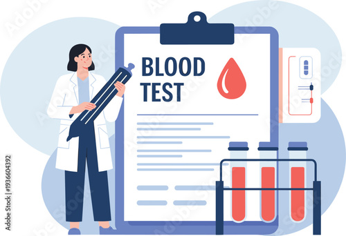 Female doctor or lab technician holding syringe near large blood test clipboard and medical sample tubes