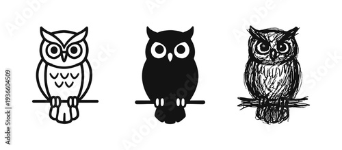 Owl icons set in outline, solid, and hand-drawn styles, symbolizing wisdom and nocturnal nature.