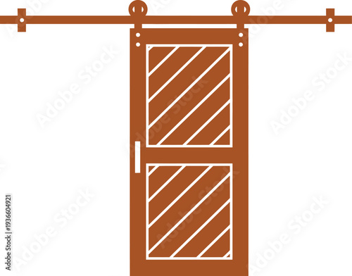 Brown wooden sliding barn door with diagonal panels and metal hardware