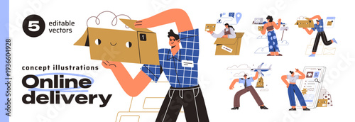 Online shopping and steps of delivery set. Concept of parcels deliver. People buy in the internet with courier service of purchases, boxes of orders. Flat isolated vector illustrations on white