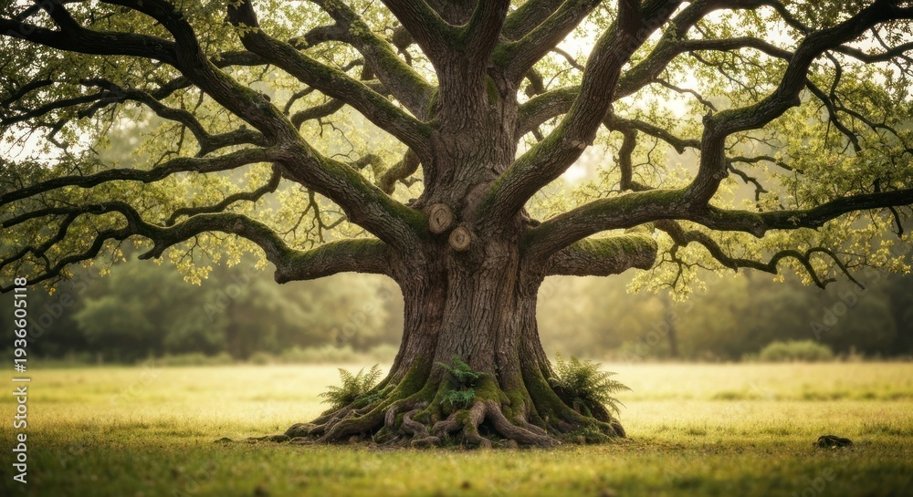 Fototapeta premium Majestic oak tree in a sunlit meadow