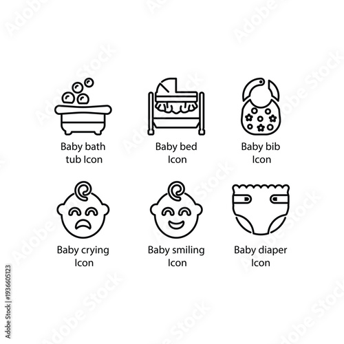Bath tub, Baby bed, Baby bib, crying, smiling, diaper, icon