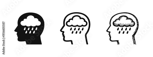 Sadness and Depression Icon Set: Human Head with Raining Cloud Symbolizing Negative Mental State