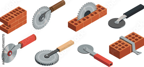 Brick cutting tools isometric vector set, masonry equipment with circular saw, brick cutter and construction tools illustration