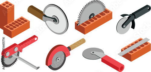 Brick cutting tools isometric vector set, masonry construction equipment with circular saw, brick cutter and building tools illustration