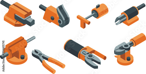 Industrial metalworking tools isometric vector set, bench vise, pliers, pipe cutter, screwdriver and mechanical workshop equipment illustration