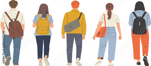 Diverse student group vector illustration with inclusive people walking away with backpacks and messenger bags