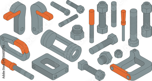 Isometric mechanical fasteners and metal clamp components set with bolts nuts brackets industrial engineering hardware technical parts illustration