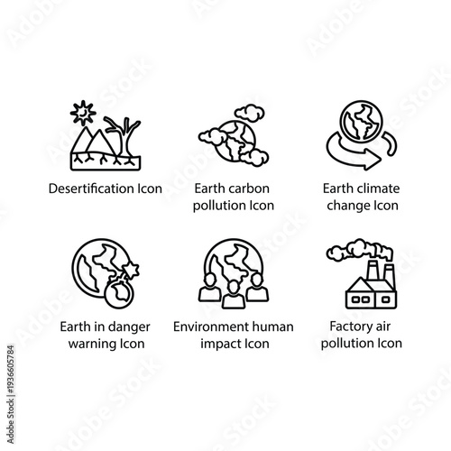 Desertification, carbon pollution, climate change, danger warning, human impact, Factory pollution, icon