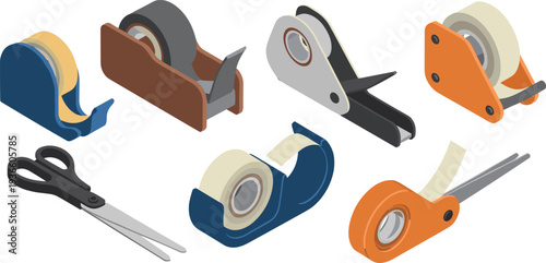 Isometric office tape dispensers and scissors stationery set with adhesive tape holders desk accessories workplace supplies illustration