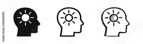 Enlightenment and Positive Thinking Icon Set: Human Head with Sun Symbolizing Clarity and Ideas