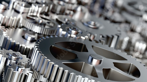 Spinning Gears with a depth of field. Teamwork Success or Technology Concept. 3D illustration