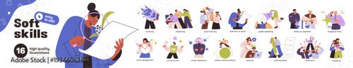 Soft skills set. Different abilities of employees' personality for work: teamwork, learning, empathy, multitasking, public speaking, communication. Flat isolated vector illustrations on white