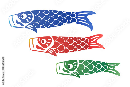 切り絵・手ぬぐい風の3匹の鯉のぼりのイラスト