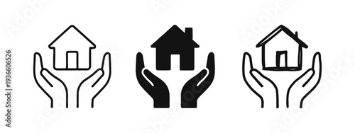 Hands Holding House Icons Set in Outline, Solid, and Doodle Styles. Home Protection and Real Estate Symbol.