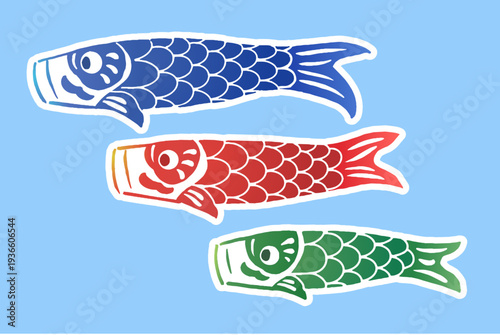 切り絵・手ぬぐい風の空を泳ぐ3匹の鯉のぼりのイラスト
