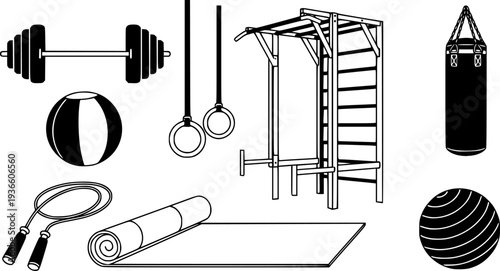 Professional Gym and Fitness Equipment Icon Set - Barbell, Dumbbell, and Strength Training Vector