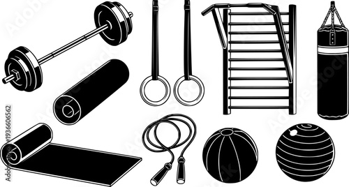 Professional Gym and Fitness Equipment Icon Set - Barbell, Dumbbell, and Strength Training Vector