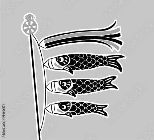 切り絵・手ぬぐい風の青空を泳ぐモノクロの鯉のぼりのイラスト