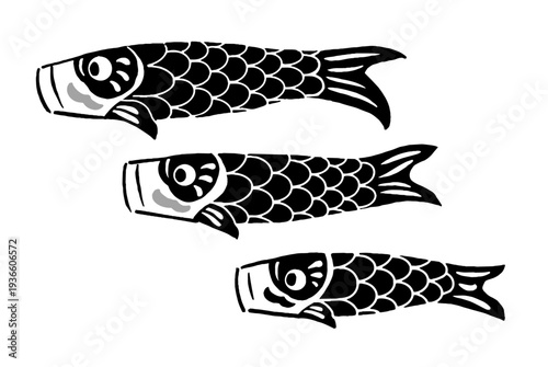 切り絵・手ぬぐい風の3匹の鯉のぼりのモノクロイラスト