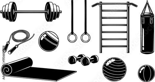 Professional Gym and Fitness Equipment Icon Set - Barbell, Dumbbell, and Strength Training Vector