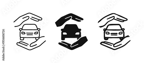Hands Protecting Car Icons Set in Outline, Solid, and Doodle Styles. Vehicle Insurance and Auto Safety Symbol.