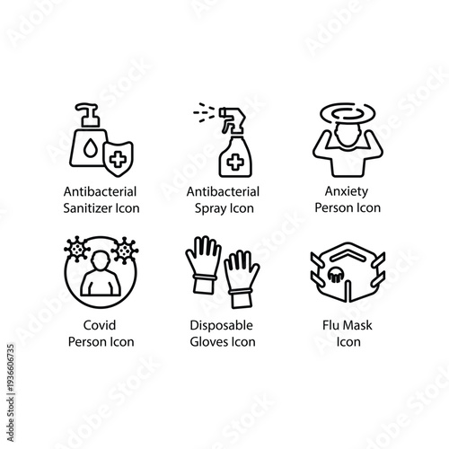 Antibacterial Sanitizer, Spray, Anxiety Person, Covid Person, Disposable Gloves, Flu Mask, icon