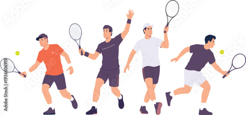 Professional tennis player vector set with various male athletes in active sports poses and tennis rackets