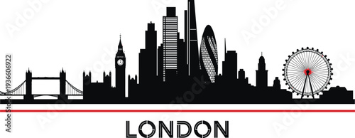 London Skyline Silhouette with Famous Landmarks and Red Stripe Big Ben Tower Bridge