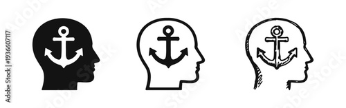 Mental Stability Anchor Icon Set - Human Head Profile with Inner Peace and Security Symbol. Resilience and Grounding Concept.