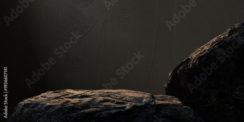 Rock, Black Stone Podium stand display advertising jewelry product, cosmetics with Studio Dark light wall room Background well free space blank for text, Cliff stone clipping path