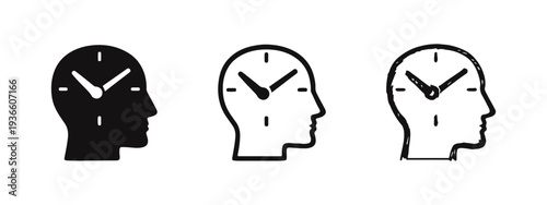 Time Management Mind Icon Set - Human Head Profile with Clock Symbol. Productivity, Awareness, and Planning Concept.