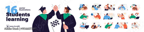 Students are learning set. Teen men and women study at school, college, university and graduate. People read books, ask, solve and get education. Flat isolated vector illustrations on white background