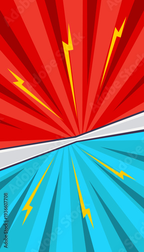 Dynamic comic book style background with red and blue sides clashing.
