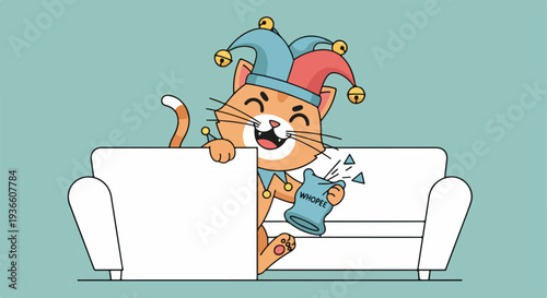 Happy Orange Cat in Jester Hat Holding Confetti Popper on White Sofa Vector